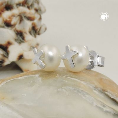 Ohrstecker Ohrring 6mm Süßwasserzuchtperle mit Silberkreuz Silber 925 Ohrstecker Ohrring 6mm Süßwasserzuchtperle mit Silberkreuz Silber 925