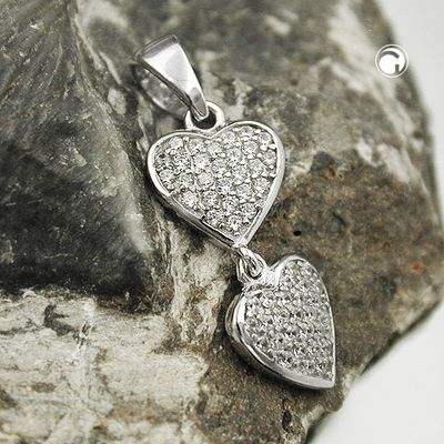 Anhänger 20x8mm zwei Herzen mit Zirkonias rhodiniert Silber 925 Anhänger 20x8mm zwei Herzen mit Zirkonias rhodiniert Silber 925