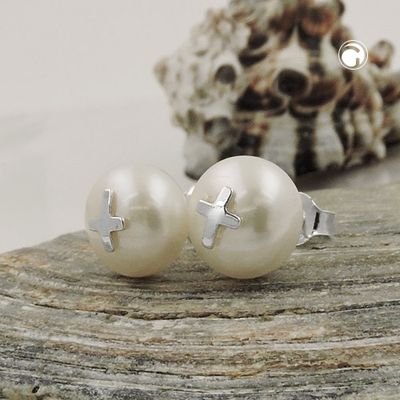 Ohrstecker Ohrring 9mm Süßwasserzuchtperle mit Silberkreuz Silber 925 Ohrstecker Ohrring 9mm Süßwasserzuchtperle mit Silberkreuz Silber 925