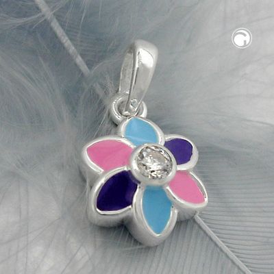 Anhänger 9mm Blume lila pink blau farbig lackiert Zirkonia weiß Silber 925 Anhänger 9mm Blume lila pink blau farbig lackiert Zirkonia weiß Silber 925
