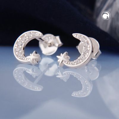 Ohrstecker Ohrring 8x7,5mm Halbmond mit Zirkonias und Stern Silber 925 Ohrstecker Ohrring 8x7,5mm Halbmond mit Zirkonias und Stern Silber 925
