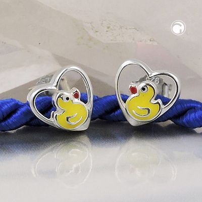 Ohrstecker Ohrring 8mm Kinderohrring kleine Ente im Herz farbig lackiert Silber 925 Ohrstecker Ohrring 8mm Kinderohrring kleine Ente im Herz farbig lackiert Silber 925