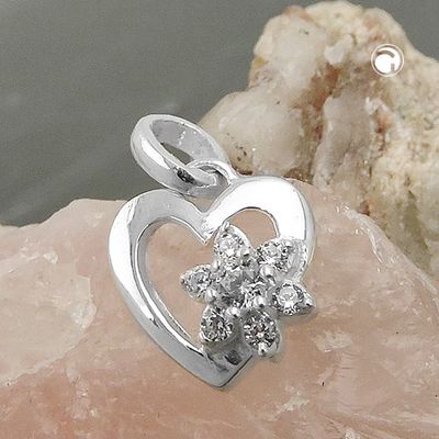 Anhänger 9x9mm Herz mit Blume aus Zirkonias Silber 925 Anhänger 9x9mm Herz mit Blume aus Zirkonias Silber 925