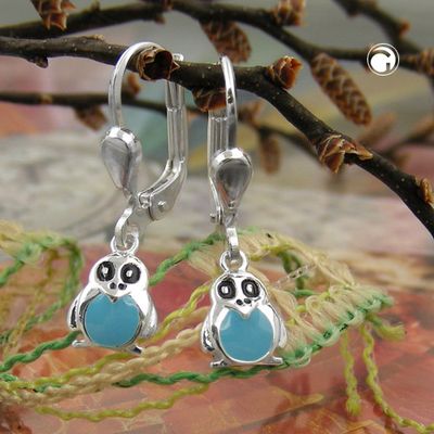 Ohrbrisur Ohrhänger Ohrringe 22x6mm Pinguin hellblau lackiert Silber 925 Ohrbrisur Ohrhänger Ohrringe 22x6mm Pinguin hellblau lackiert Silber 925