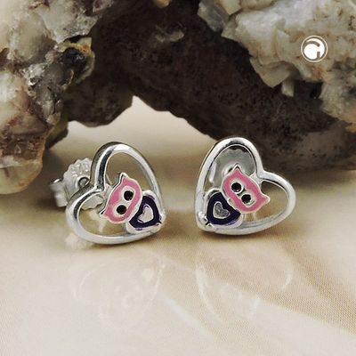Ohrstecker Ohrring 8mm kleine Eule im Herz lila-pink glänzend Silber 925 Ohrstecker Ohrring 8mm kleine Eule im Herz lila-pink glänzend Silber 925