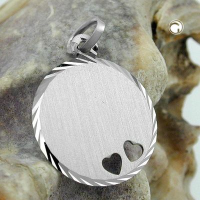 Anhänger16mm Gravurplatte rund 2 Herzen matt-diamantiert rhodiniert Silber 925 Anhänger16mm Gravurplatte rund 2 Herzen matt-diamantiert rhodiniert Silber 925