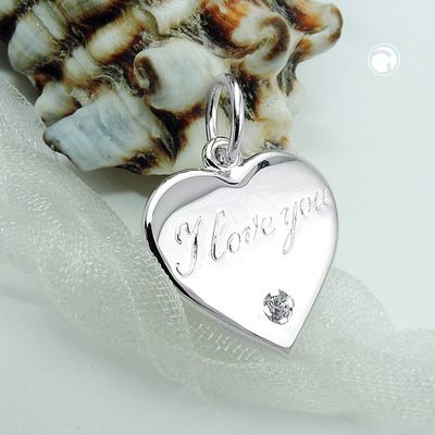 Anhänger 16mm Herz mit Schriftzug - I love you- und Zirkonia glänzend Silber 925 Anhänger 16mm Herz mit Schriftzug - I love you- und Zirkonia glänzend Silber 925
