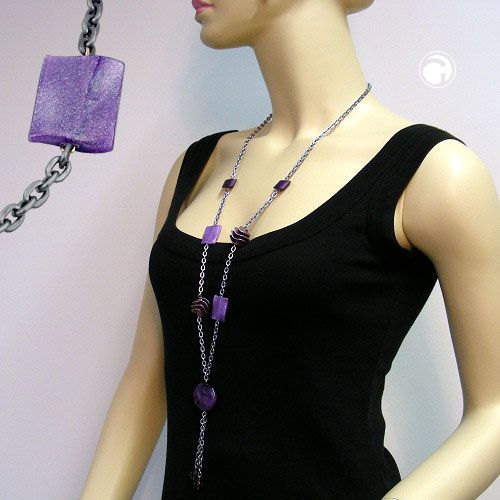Kette Kunststoffperlen lila-flieder-grau-marmoriert Alu-Ankerkette grau 95cm