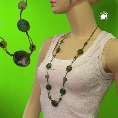 Kette geknotet Kunststoffperlen khaki-grün-marmoriert Kordel grün 90cm