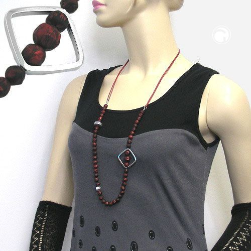 Kette 8mm Kunststoffperlen rot-schwarz silberfarbig Kordel rot 90cm