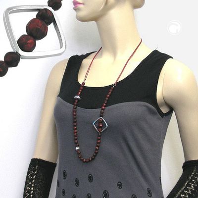Kette 8mm Kunststoffperlen rot-schwarz silberfarbig Kordel rot 90cm