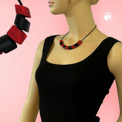 Kette Schrägperle Kunststoff rot-marmoriert-matt und schwarz Vollgummi schwarz 45cm