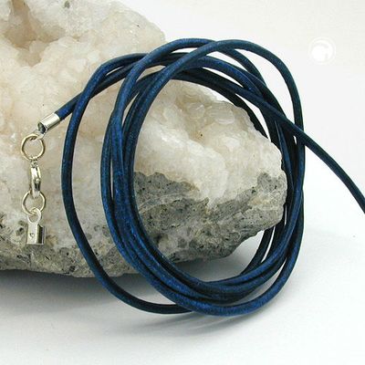 Lederband Rundschnur Rindleder 2mm blau gefärbt mit 1x Verschluss silberfarbig 1m