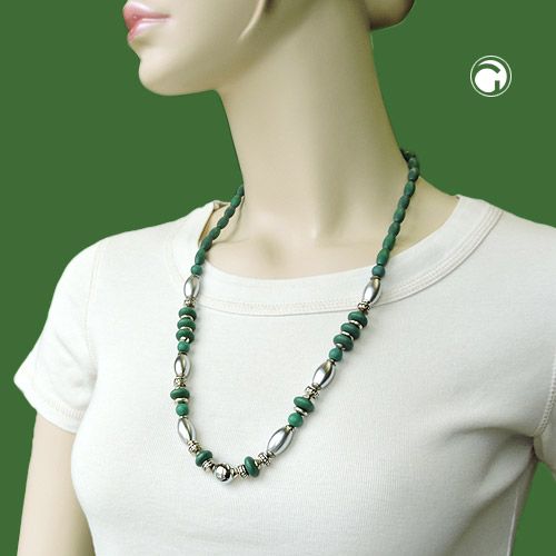Kette 14x7mm Holzperlen grün mit Kunststoffperlen chrom matt 70cm