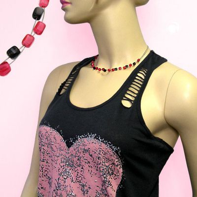 Kette Drahtkette mit Glasperlen Würfel rosa und braun 42cm Kette Drahtkette mit Glasperlen Würfel rosa und braun 42cm