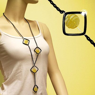 Kette 31mm Viereck schwarz Spiralperle gelb Alu-Ankerkette 90cm