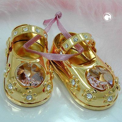 Tischdekoration 1 Paar Babyschuhe 52x27mm mit rosa Glas-Steinen Tischdekoration 1 Paar Babyschuhe 52x27mm mit rosa Glas-Steinen