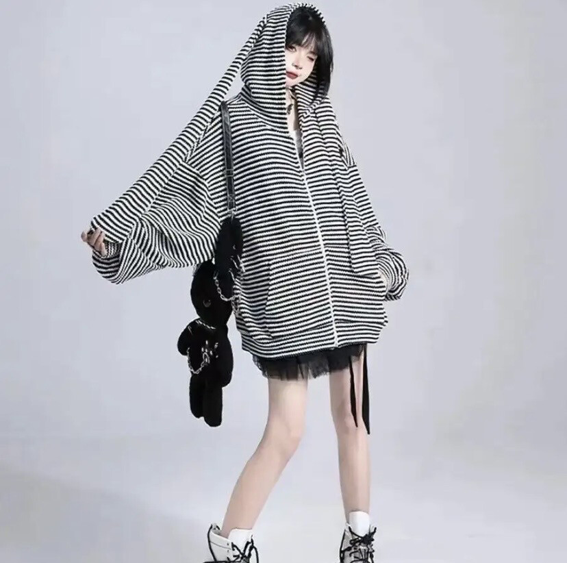 Loose Stripe Rabbit Ear Knitted Women Hooded Zip up Sweatshirts Y2k Autumn Cute Cardigan Coat Kpop Kawaii