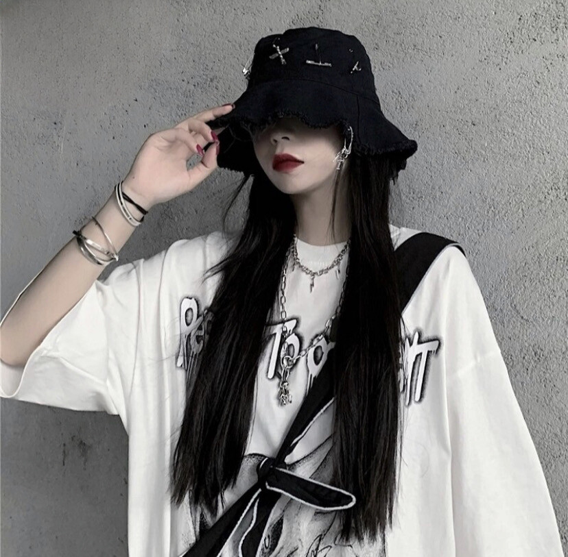 Harajuku Women Men Punk Cross Decorative Fisherman hat Sun hat Gothic Lolita Girls hat Unisex Hip hop Rock canvas hat