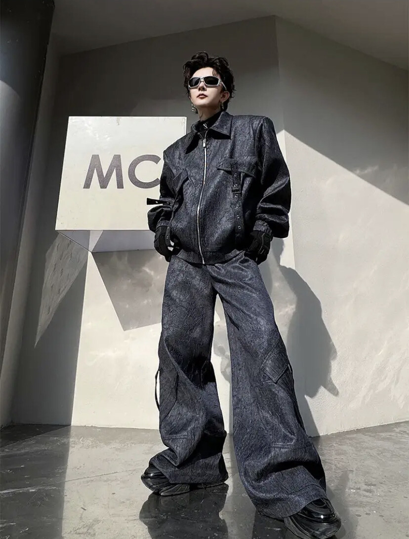 Multi-pockets Men&#39;s Suit Trendy Lapel Ribbon Male Jackets Chic Solid Color Patchwork Men Wide Leg Pants Spring New 9C4240