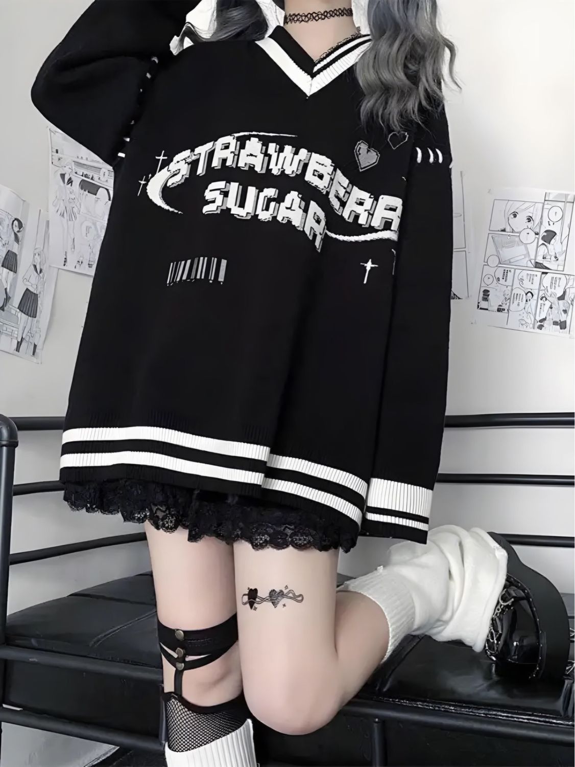 Y2K Black Stripe Oversized Hoodies Women Harajuku Grunge Letter Print Sweatshirts V-neck Loose Casual Tops Gothic 2000s
