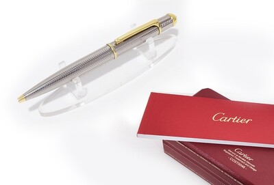 Cartier Diabolo De Chevron Lines &quot;Silver Composite Body With Golden Clip&quot; Ballpoint Pen - Refurbished