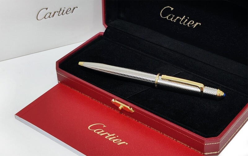 Cartier Diabolo De Chevron Lines "Silver Composite Body With Golden Clip" Ballpoint Pen - Refurbished
