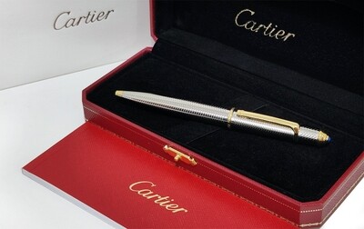 Cartier Diabolo De Chevron Lines "Silver Composite Body With Golden Clip" Ballpoint Pen - Refurbished