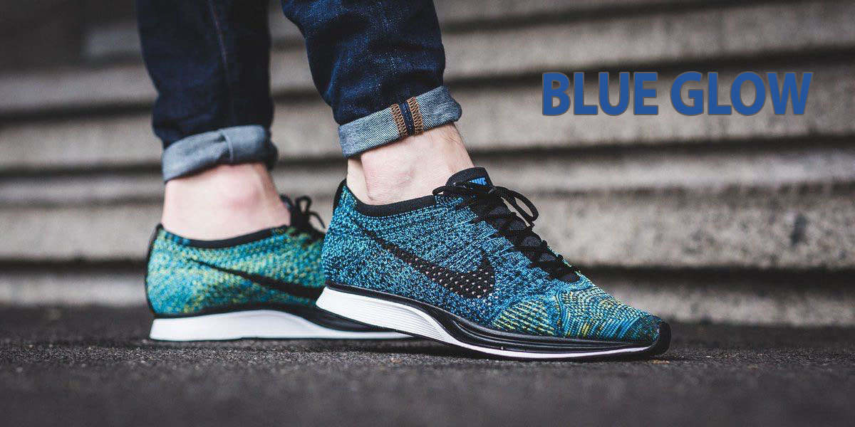 Nike flyknit racer clearance blue glow on feet