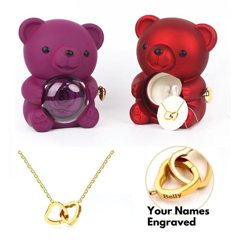 Double Heart Custom Name Rotating Bear Rose Jewelry Box Embracing Bear For Party Mother's Day Valentine's Day Christmas Gifts