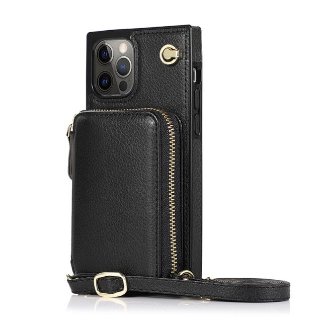 Zipper Wallet Case with Adjustable Crossbody Strap for iphone, Color: Black, Material: For iPhone 11 Pro, Ships From: China