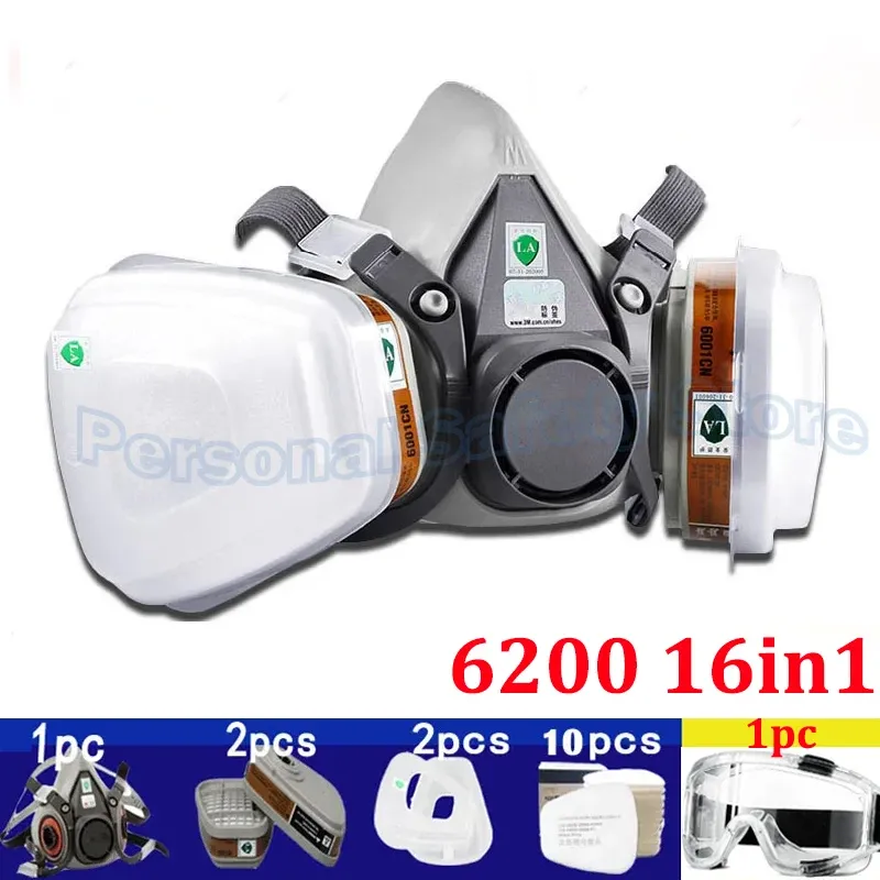 6200 Dust Gas Mask Anti-fog Safety Goggles Black Half Face Gas, Color: 6200 16in1