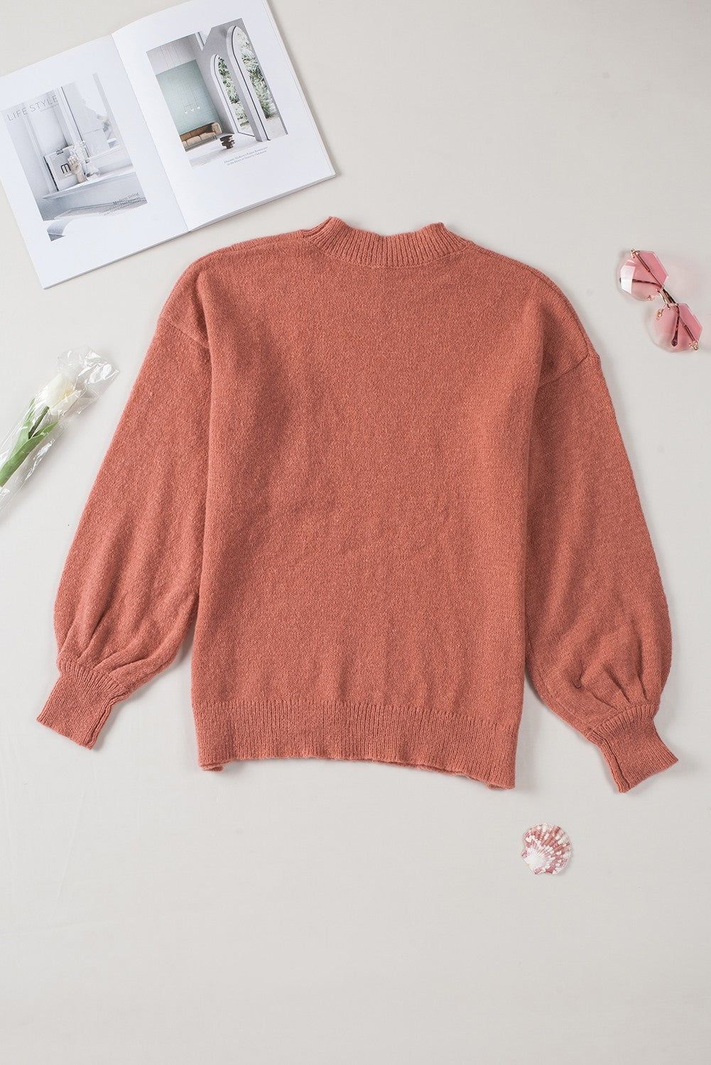 Puffy Sleeve Pocketed Sweater, Size: (US 20-22)XXL, Color: Red