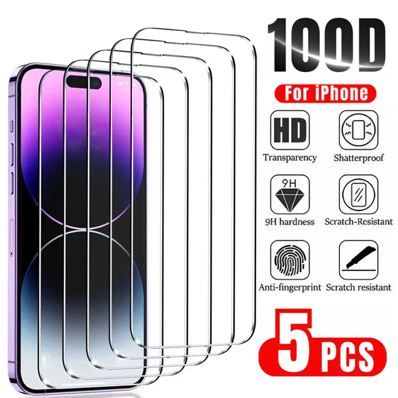 5Pcs Tempered Glass for iPhone 14 13 12 11 15 Pro Max Mini Screen, Color: For iphone 15 Pro, Bundle: 5PCS Tempered Glass