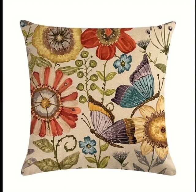 Floral Throw Pillow w/Butterfly 18in x 18in