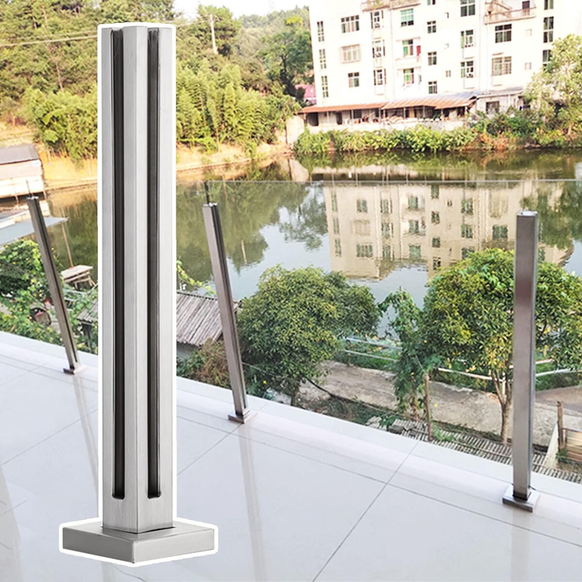 Close up of square tube post for glass railing 