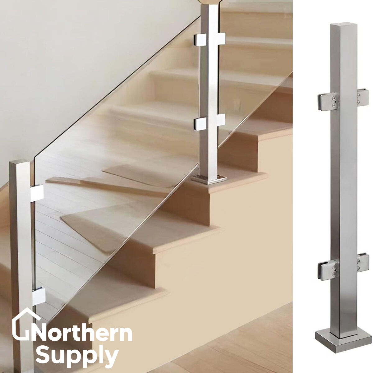 stairway railing with stainless steel posts with clamps