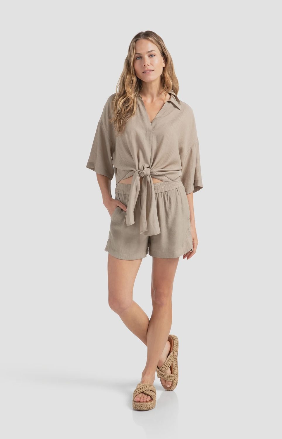 YAYA | Woven shorts with elastic waistband | seneca rock beige