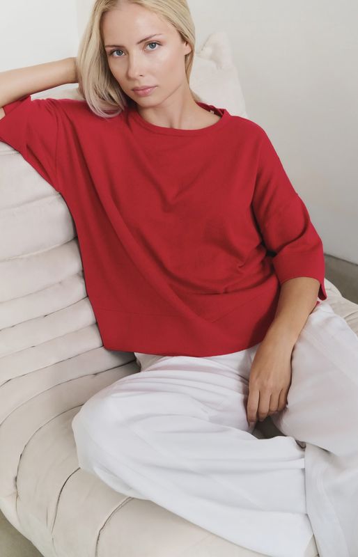 YAYA | Oversized fijngebreid t-shirt | Scarlet sage red