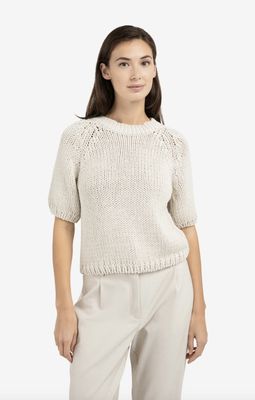 YAYA | Grofgebreide trui met korte mouwen, kit beige