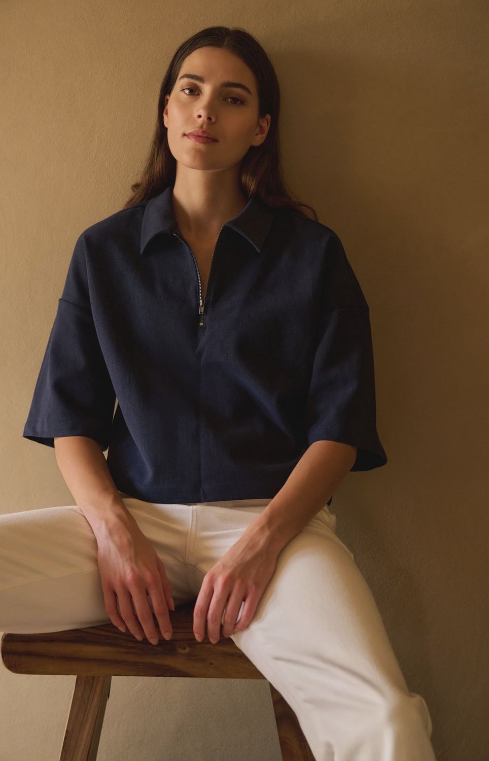 Yaya | Polo top with half zip and short wide sleeves