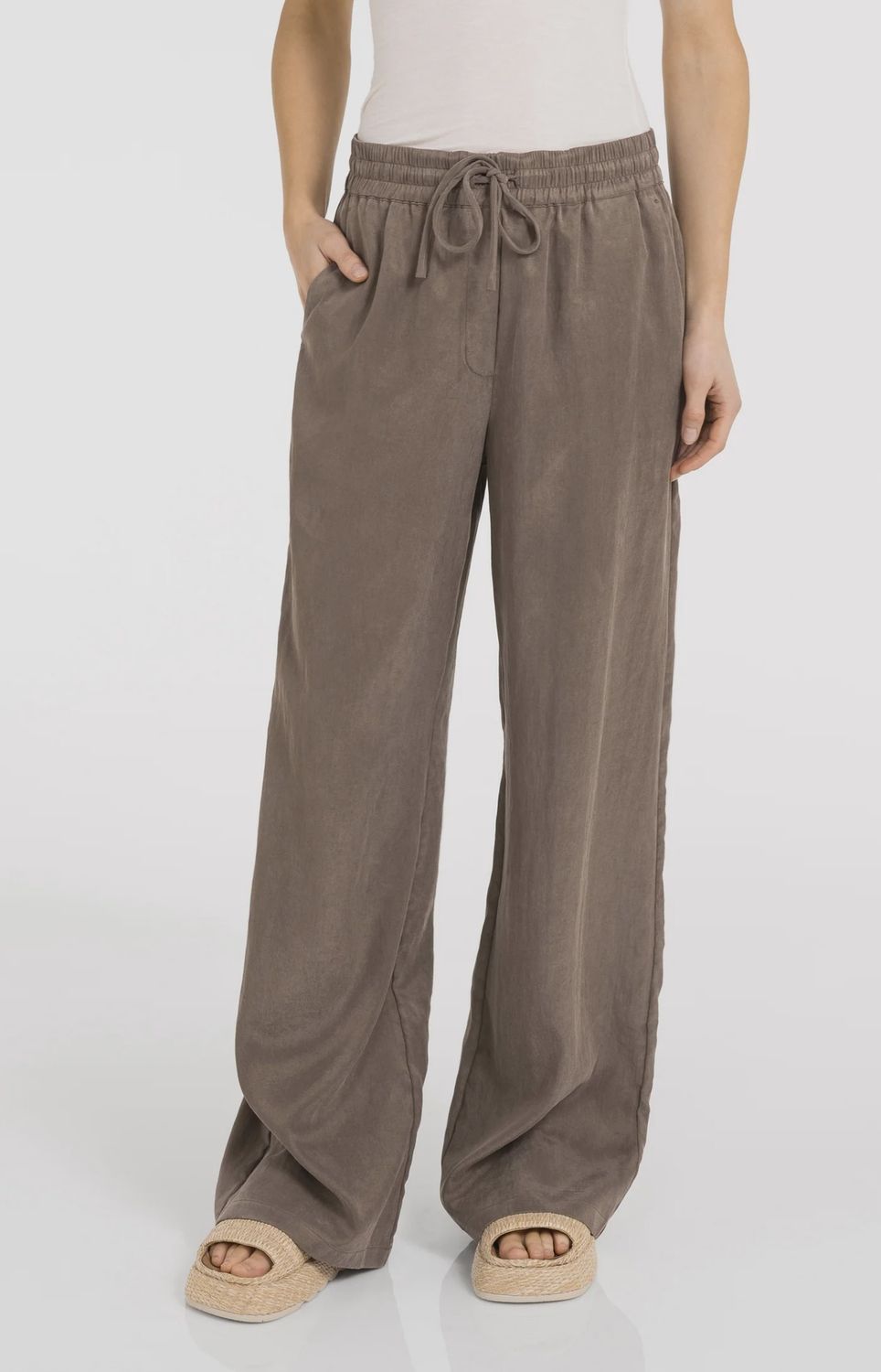 Yaya | Geweven broek met wijde pijpen | washed brown
