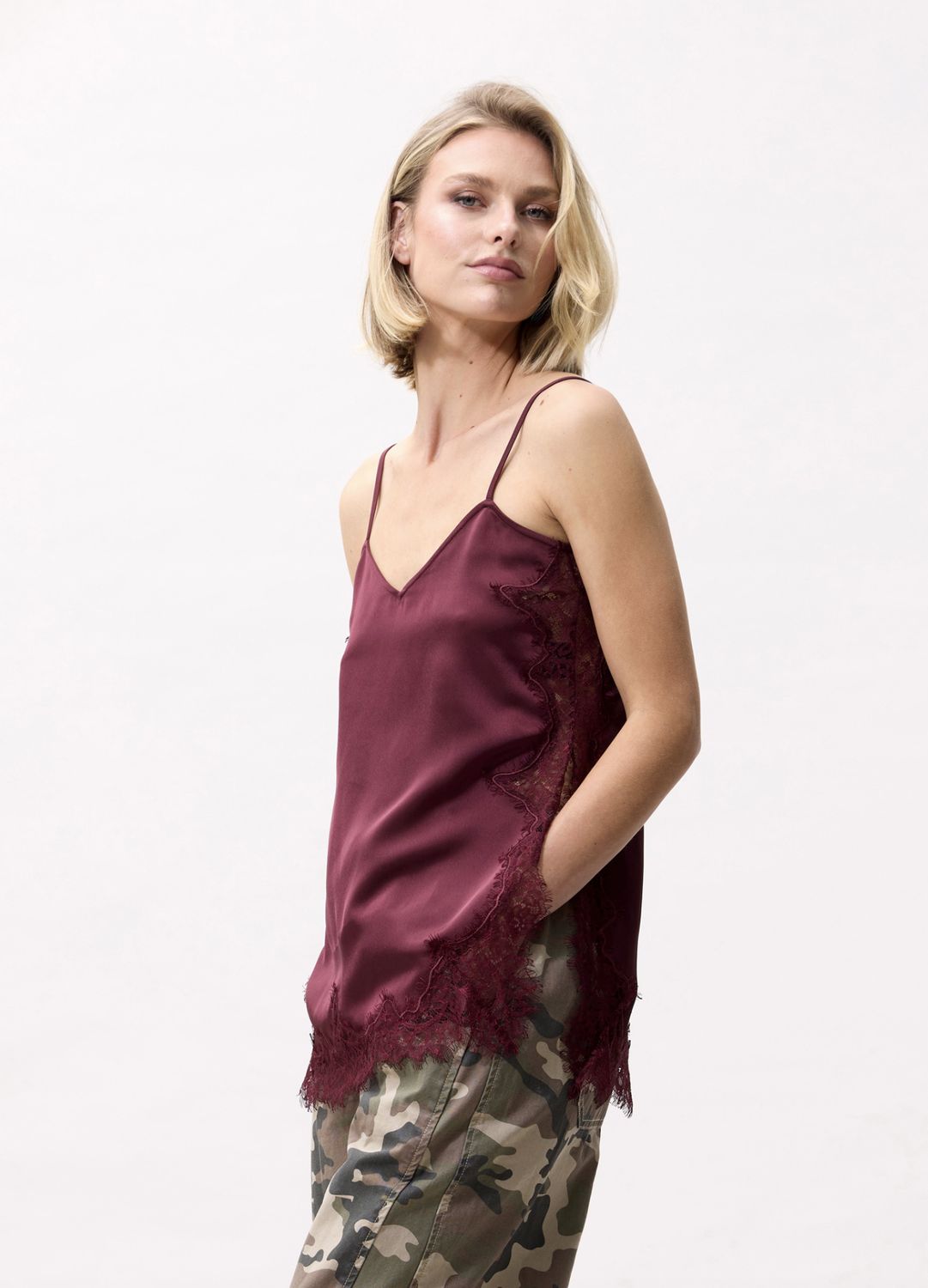 Lace spaghetti top, merlot