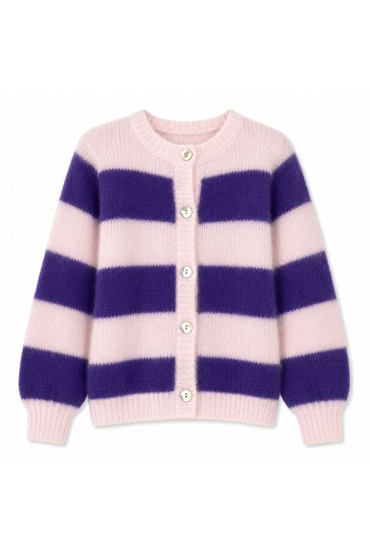 Twins  striped buttoned round neck long-sleeve cardigan purple