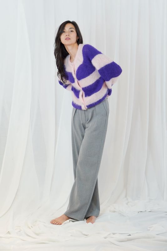 Twins  striped buttoned round neck long-sleeve cardigan purple