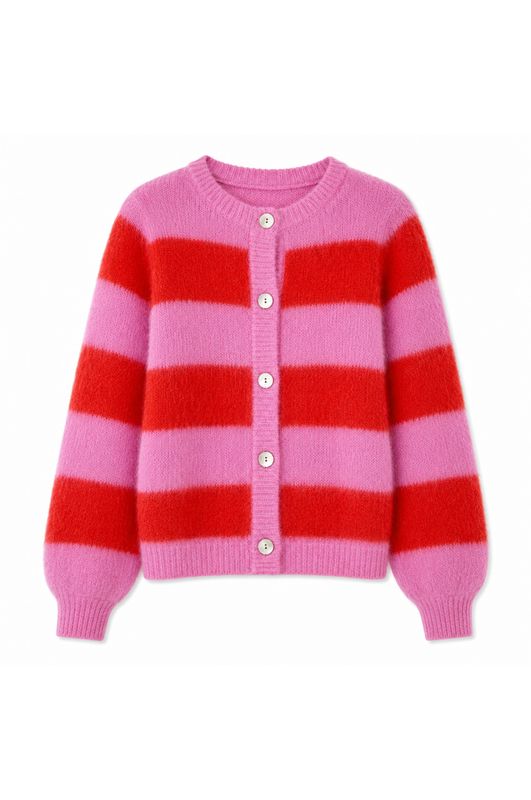 Twins striped buttoned round neck long-sleeve cardigan bubblegum