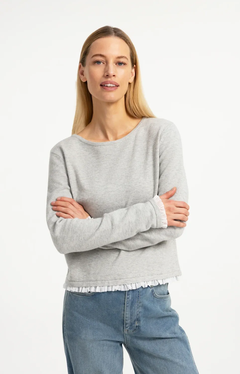 Yaya | Fijngebreide top met ruches | medium grey melange