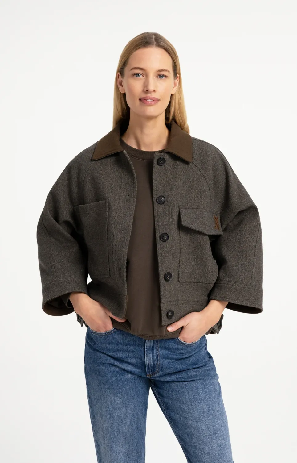 Yaya | Oversized wollen jack met contrasterende kraag