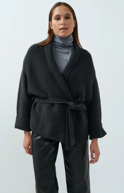Yaya | gebreid vest met strikceintuur en lange mouwen | hole black