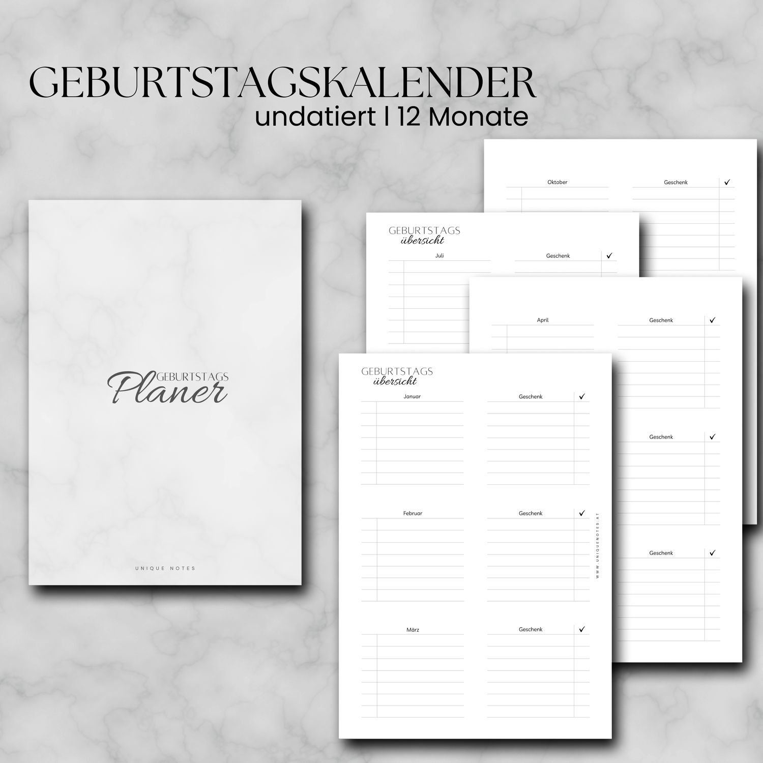 Geburtstagskalender 12 Monate undatiert Kalendereinlagen A5